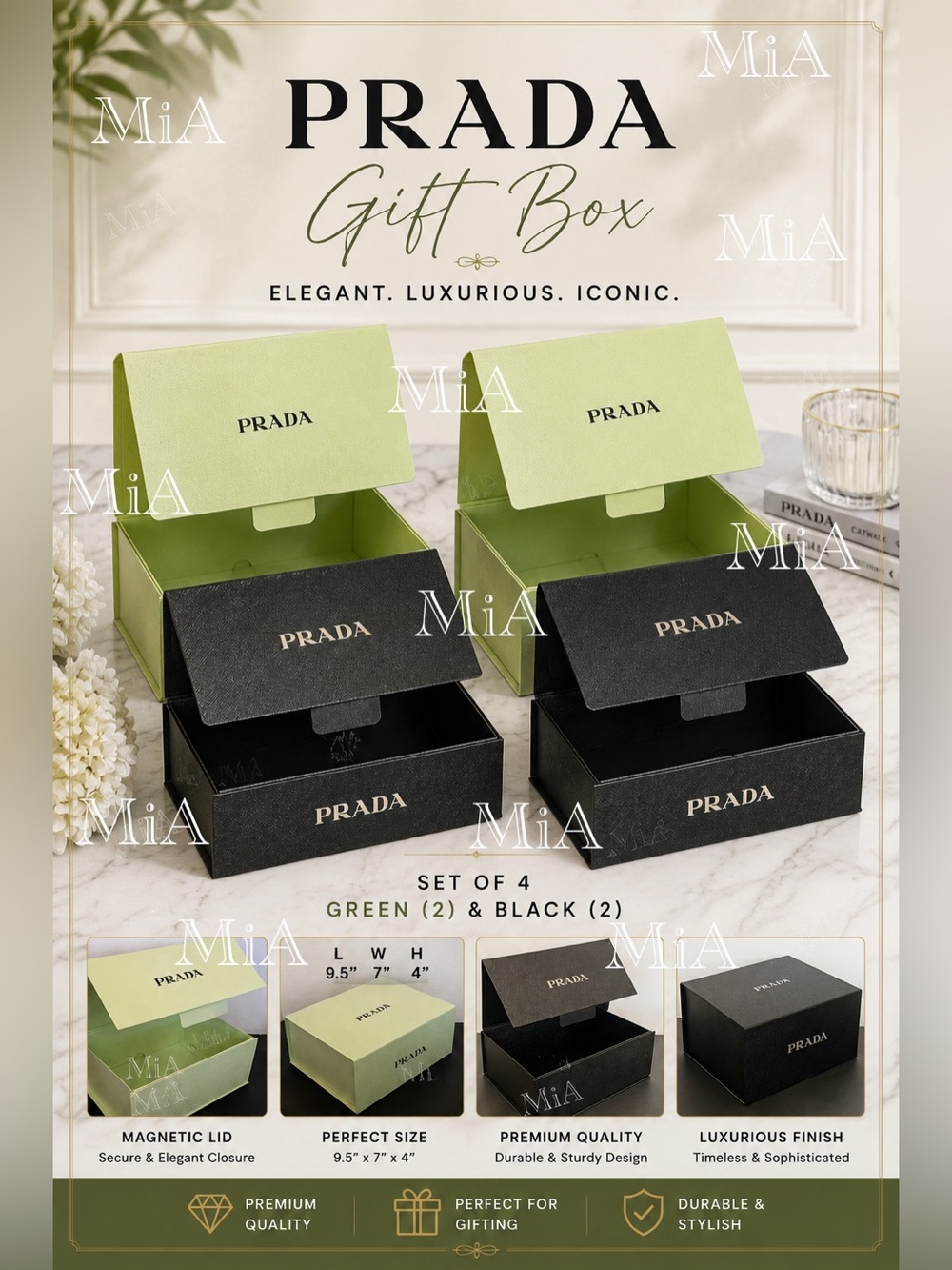 4 x PRADA Gift Boxes 9.5” x 7” x 4” (2 Black + 2 Green)